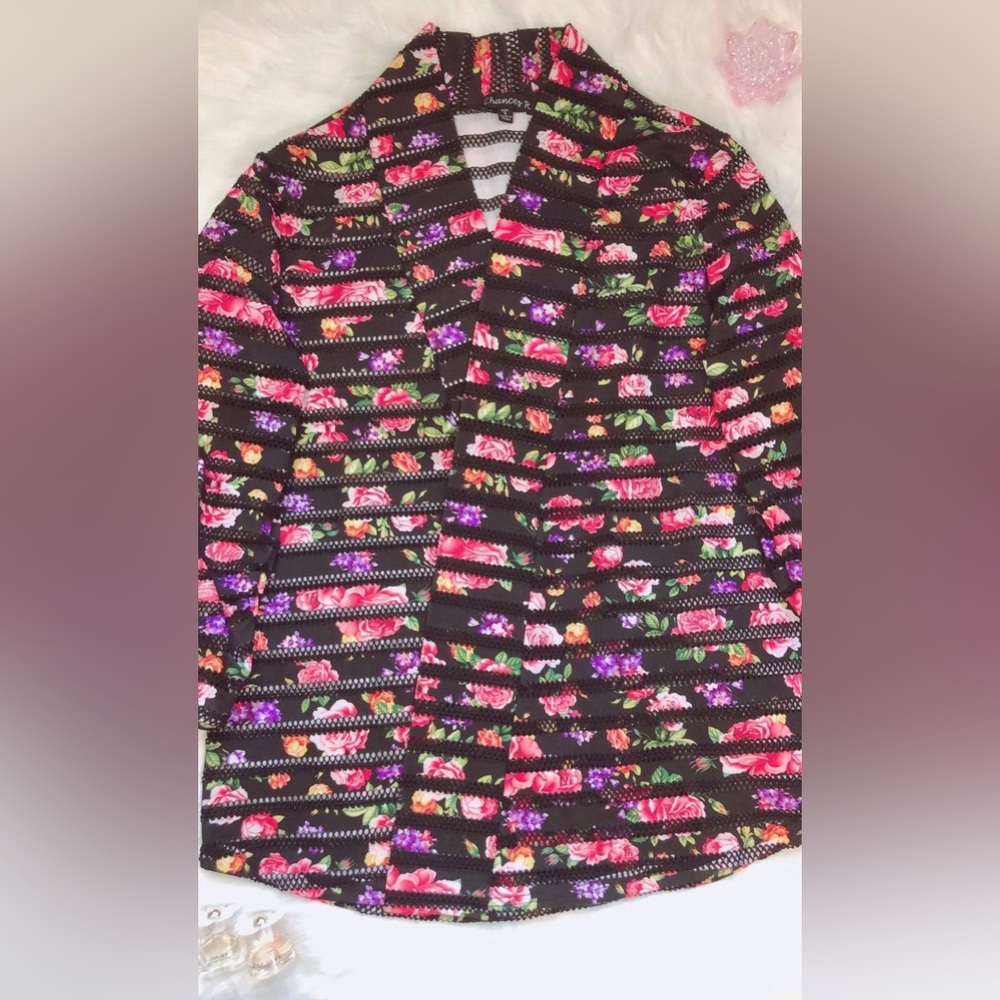 Chances R Black&Pink&Purple Floral Sheer Open Cardigan